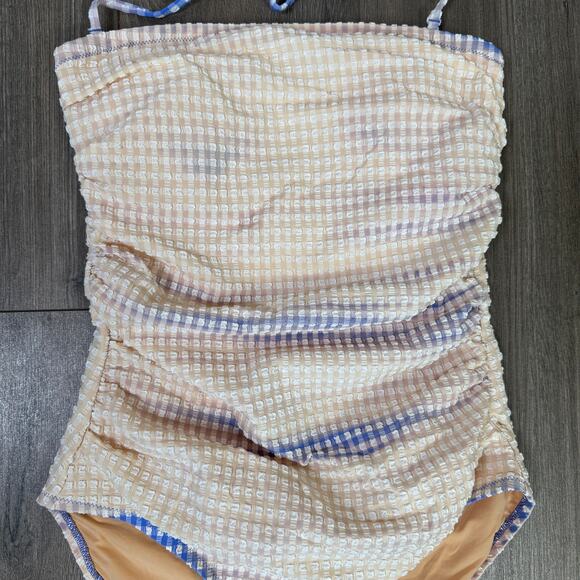 J.Crew Strapless Seersucker Halter One-Piece Swimsuit WMNS S Blue White Gingham - Picture 7 of 11